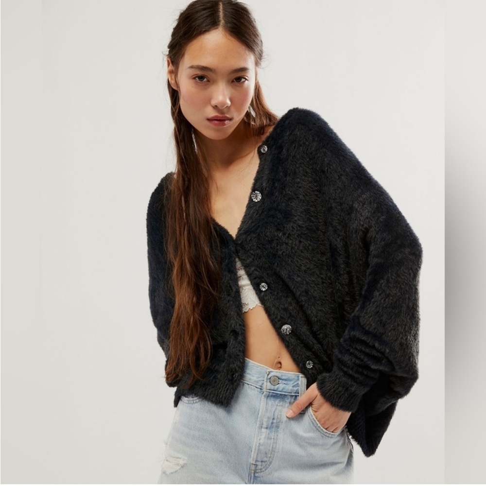 Free People Black Fuzzy Button-Front Cardigan